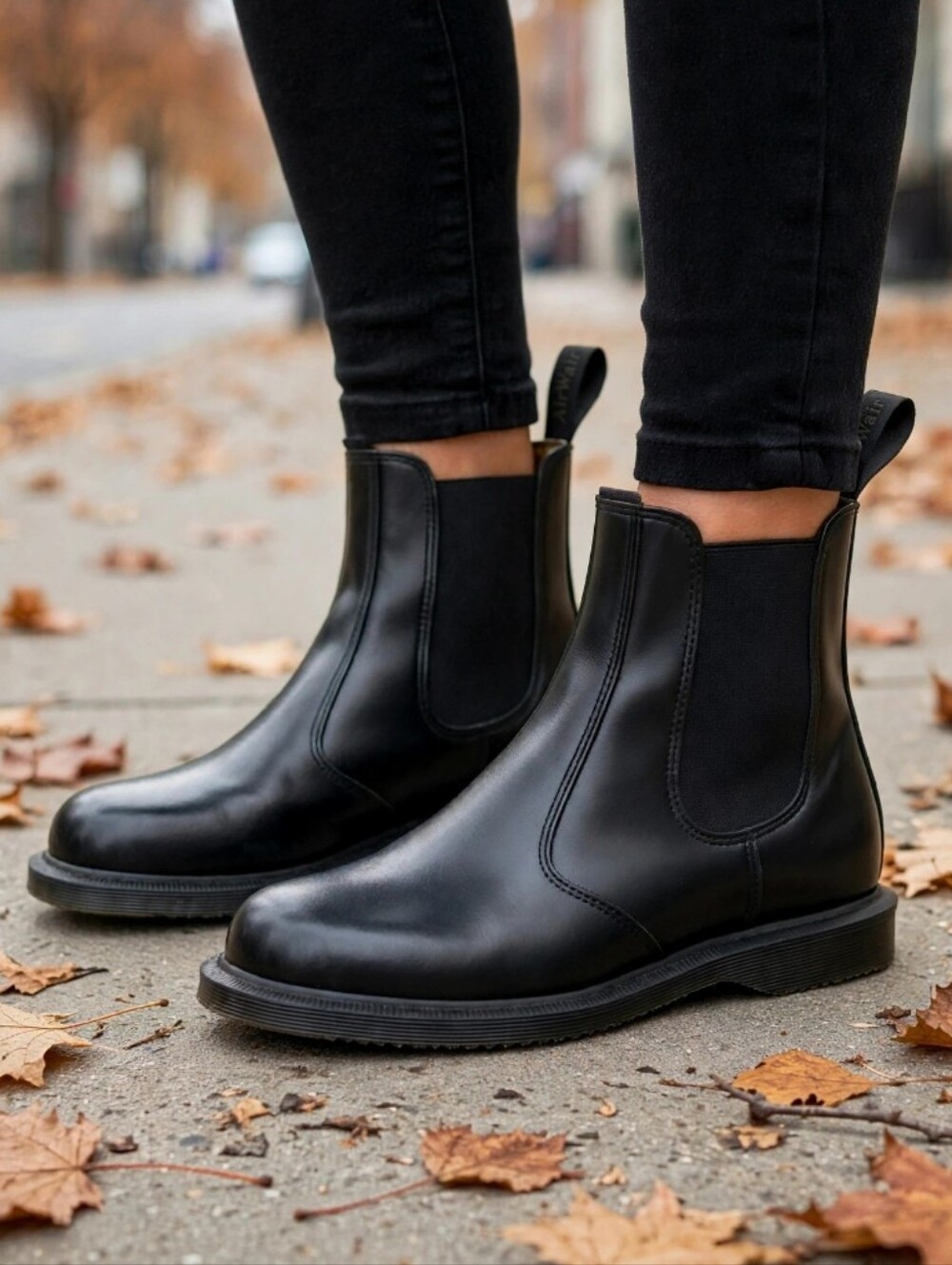 Dr. Martens Flora Black Leather Chelsea Boots - Classic Slip-On Ankle Boot